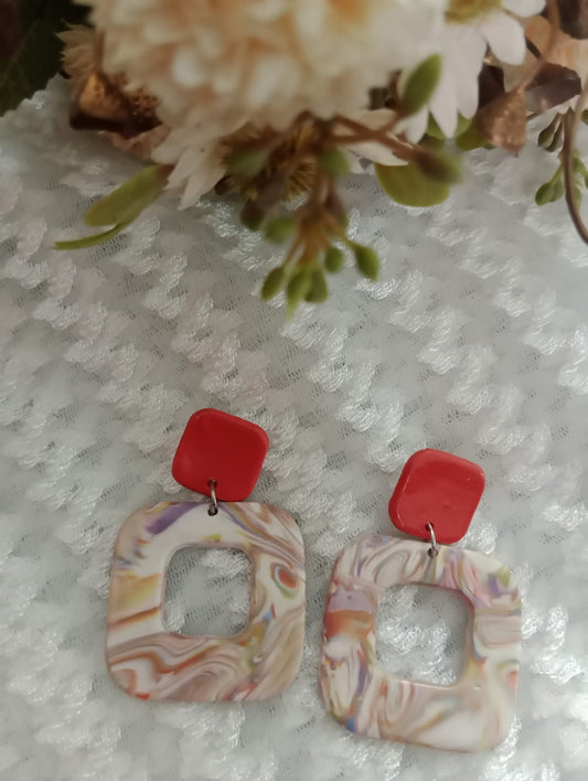 "Colorful Square Resin Earrings with Bold Red Accent"