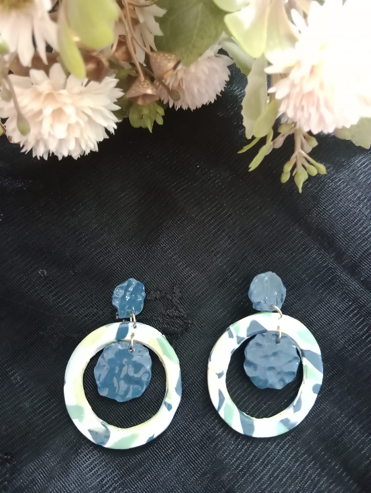 Handcrafted Blue and White Floral Hoop Earrings