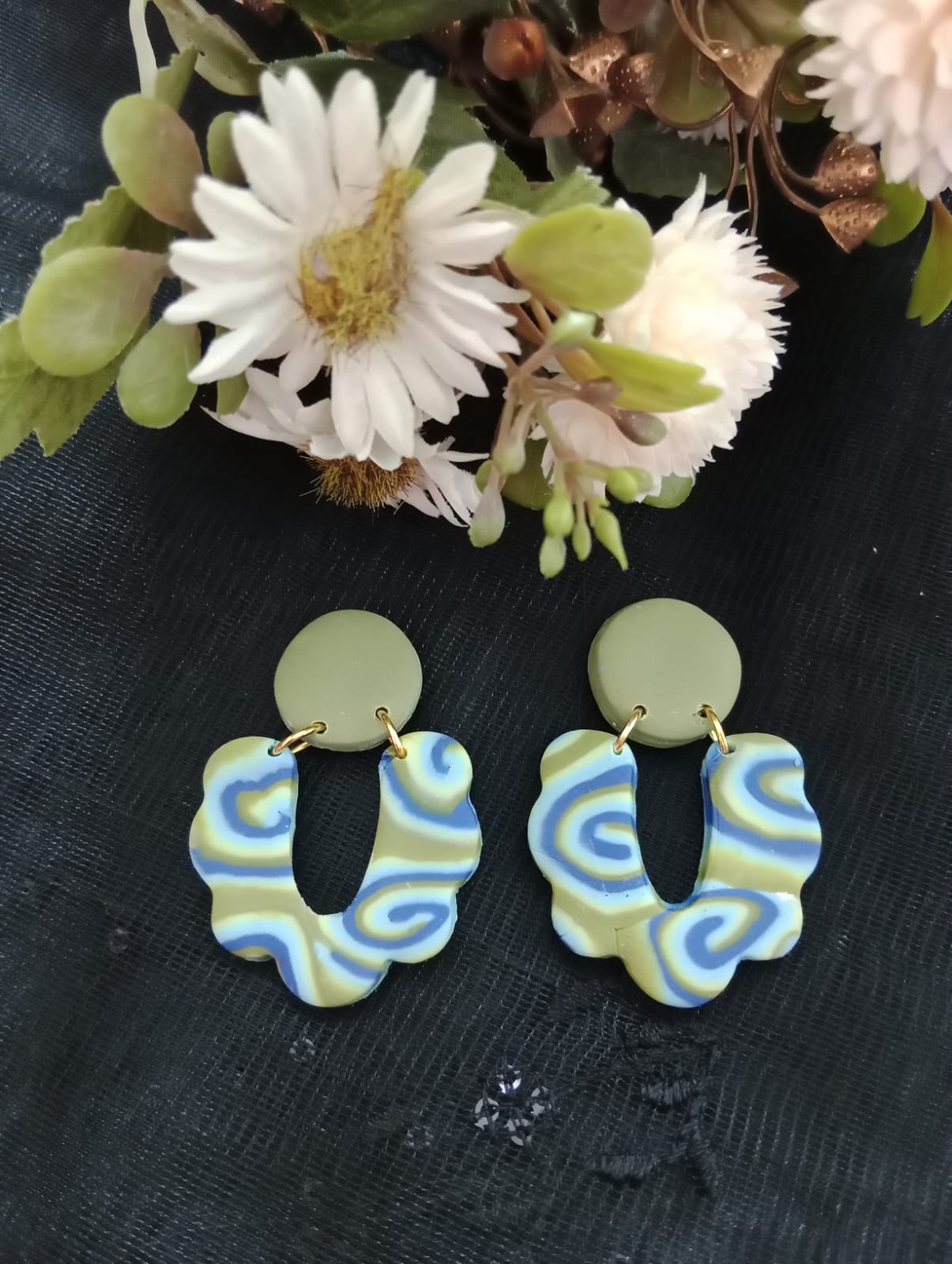 "Handcrafted Polymer Clay Earrings with Swirl Design"