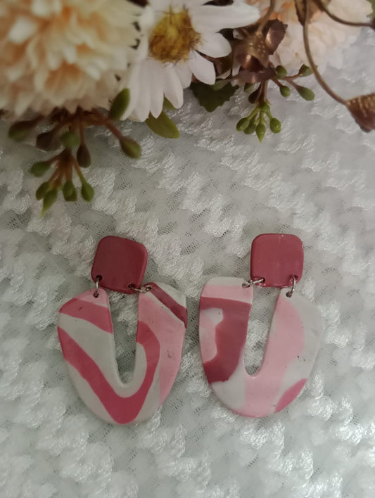 Handcrafted Pink and White Marbled Earrings with Floral Background