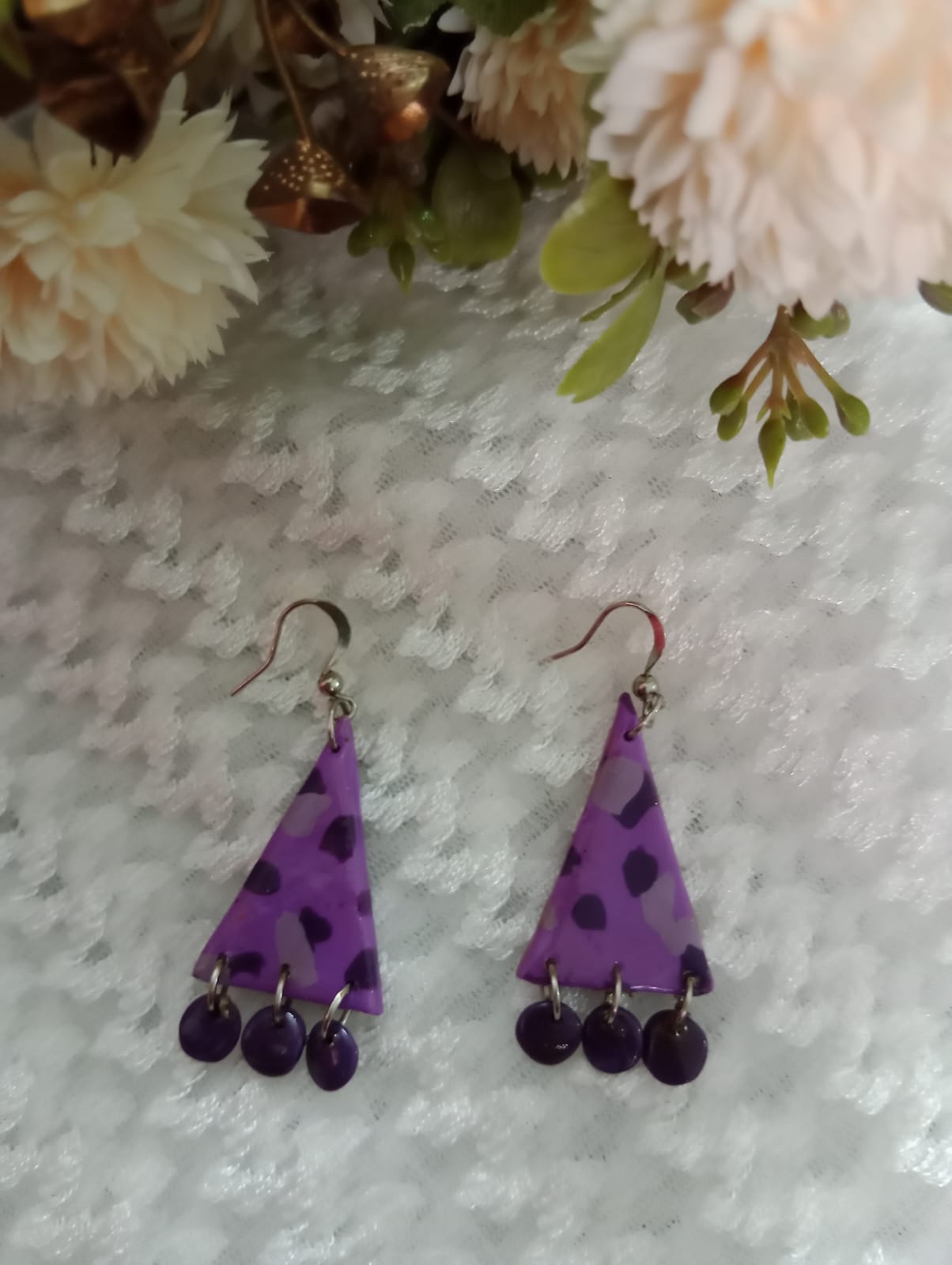 "Trendy Purple Triangle Earrings with Dangle Beads"