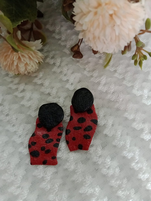 "Red and Black Spotted Handmade Polymer Clay Earrings"