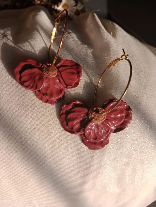 "Elegant Floral Hoop Earrings - Handcrafted Red Petals"