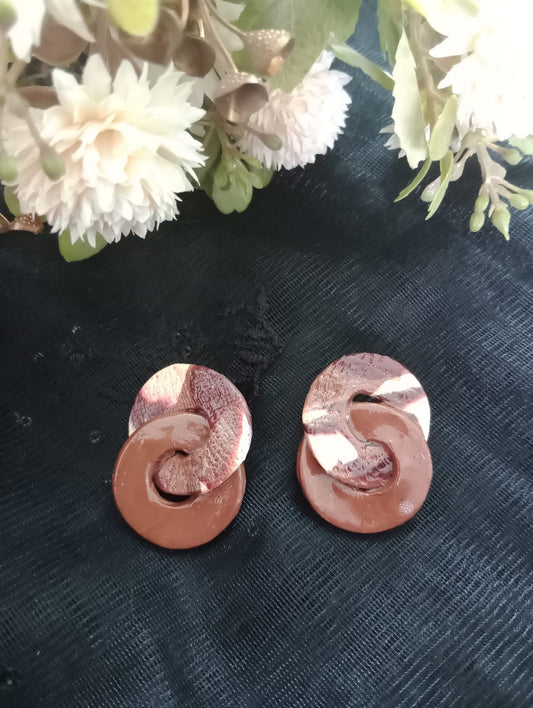 Handcrafted Circle Earrings Unique Brown and Cream Design