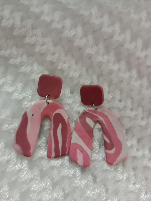 "Handmade Pink and White Marbled Arch Earrings